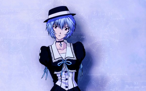 Anime picture 1680x1050 with neon genesis evangelion gainax ayanami rei fukano youichi single looking at viewer short hair red eyes wide image blue hair third-party edit gothic formal girl dress ribbon (ribbons) hat collar cross suit