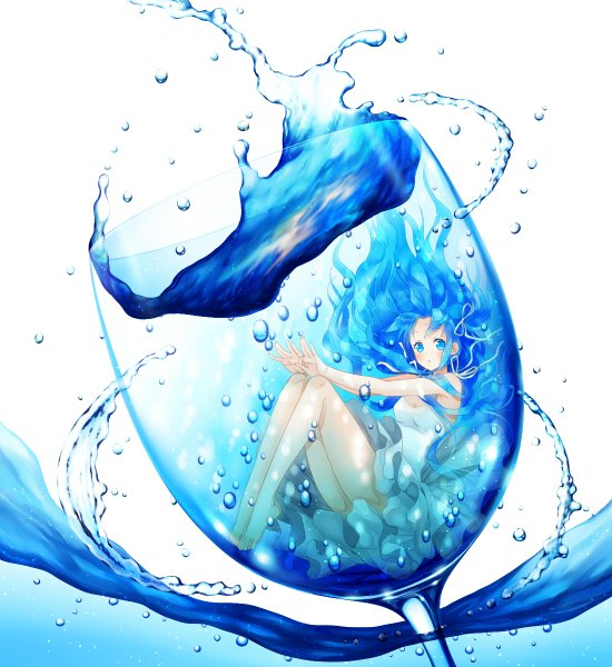 Anime picture 1100x1200 with original yuuno (yukioka) single long hair tall image looking at viewer blush open mouth blue eyes simple background white background sitting bare shoulders blue hair barefoot wavy hair underwater in container girl dress