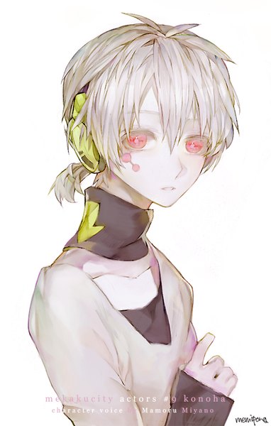 Anime picture 522x818 with kagerou project shaft (studio) konoha (kagerou project) memipong single tall image looking at viewer fringe short hair simple background hair between eyes red eyes white background signed upper body white hair copyright name character names facial mark low ponytail