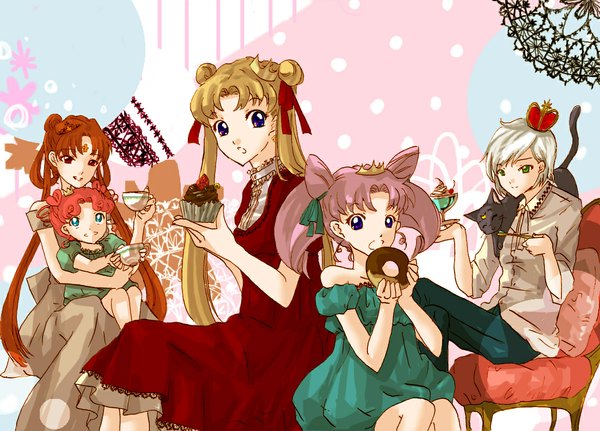 Anime picture 1102x793 with bishoujo senshi sailor moon toei animation tsukino usagi chibiusa luna (sailor moon) yaten kou chibi chibi princess kakyuu kakyuu kinako (utyu no hazikko) short hair blue eyes blonde hair red eyes brown hair sitting purple eyes twintails bare shoulders multiple girls