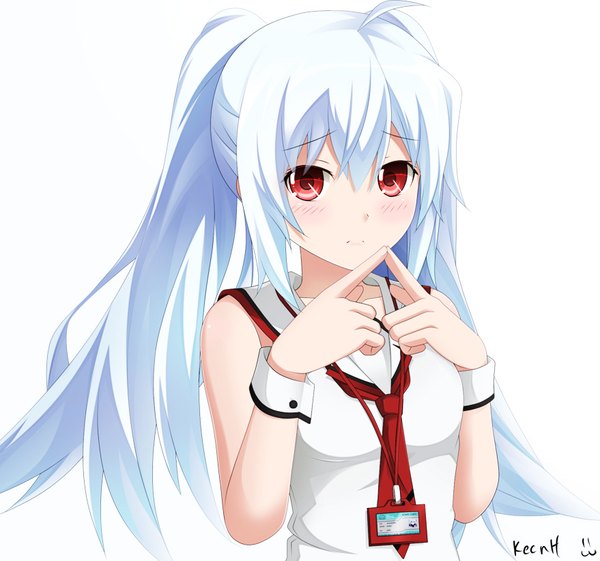 Anime picture 879x823 with plastic memories isla (plastic memories) keenh single long hair looking at viewer blush fringe breasts simple background hair between eyes red eyes white background twintails bare shoulders signed payot silver hair upper body ahoge