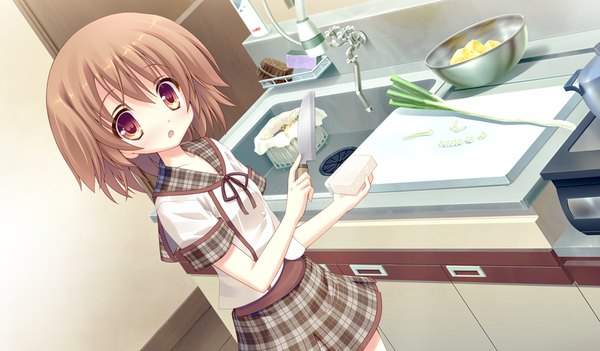 Anime picture 1024x600 with tsukumonotsuki blush short hair open mouth red eyes brown hair wide image game cg loli cooking girl skirt uniform school uniform miniskirt
