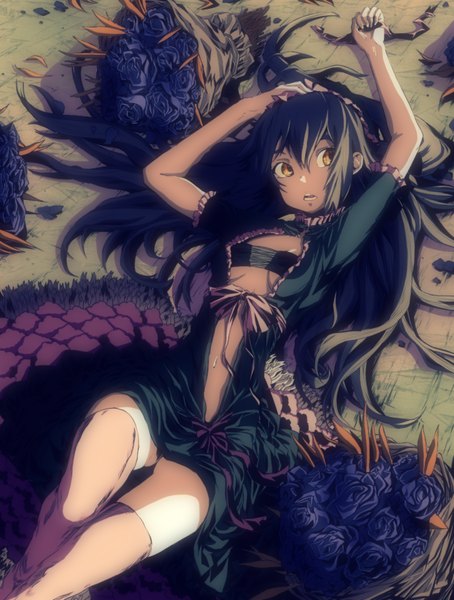 Anime picture 1556x2054 with original takyya single long hair tall image open mouth light erotic black hair yellow eyes looking away lying maid girl thighhighs dress navel flower (flowers) petals rose (roses) bouquet