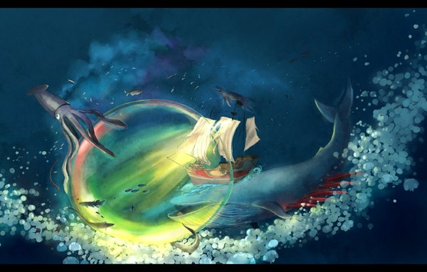 Anime picture 1067x680 with gake no ue no ponyo studio ghibli megatruh light letterboxed underwater water bubble (bubbles) fish (fishes) watercraft ship whale octopus