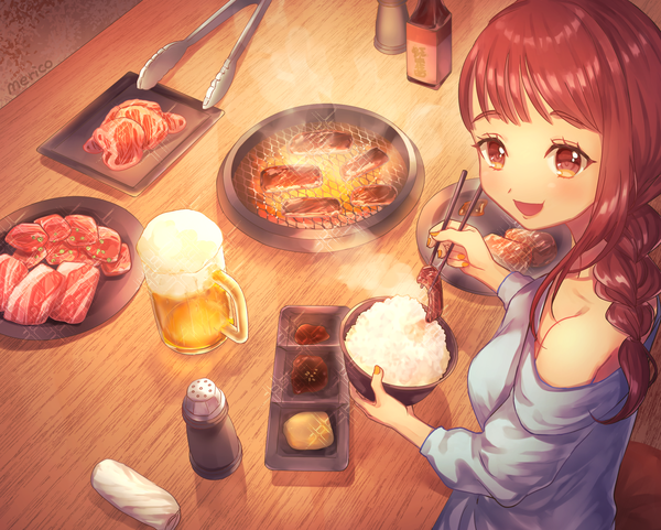 Anime picture 2149x1722 with original meriko (piyoko5) single long hair highres open mouth brown eyes signed looking away red hair braid (braids) :d from above single braid steam meat day girl food alcohol chopsticks