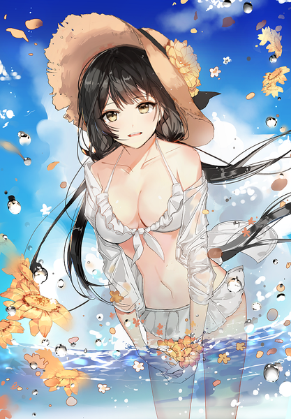 Anime picture 696x1000 with original naru (ul) single tall image looking at viewer blush fringe breasts open mouth light erotic black hair smile large breasts twintails brown eyes sky cleavage cloud (clouds) outdoors very long hair
