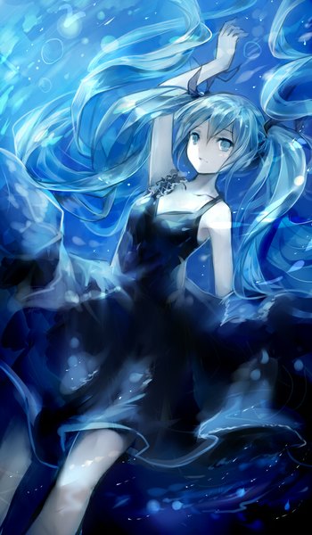 Anime picture 600x1027 with vocaloid shinkai shoujo (vocaloid) hatsune miku hanchan single tall image looking at viewer blue eyes twintails bare shoulders blue hair very long hair underwater girl dress ribbon (ribbons) hair ribbon black dress bubble (bubbles)