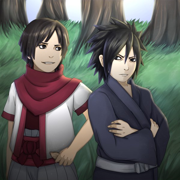 Anime picture 1298x1300 with naruto studio pierrot naruto (series) uchiha madara senju hashirama fireeaglespirit tall image fringe short hair black hair smile hair between eyes holding looking away traditional clothes japanese clothes black eyes multiple boys hands clasped frown
