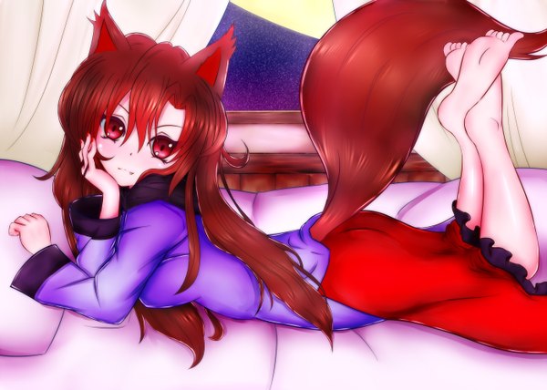 Anime picture 1400x1000 with touhou imaizumi kagerou damir doma single long hair looking at viewer red eyes brown hair animal ears animal tail barefoot teeth fang (fangs) crossed legs wolf ears legs up wolf tail wolf girl hand on cheek girl