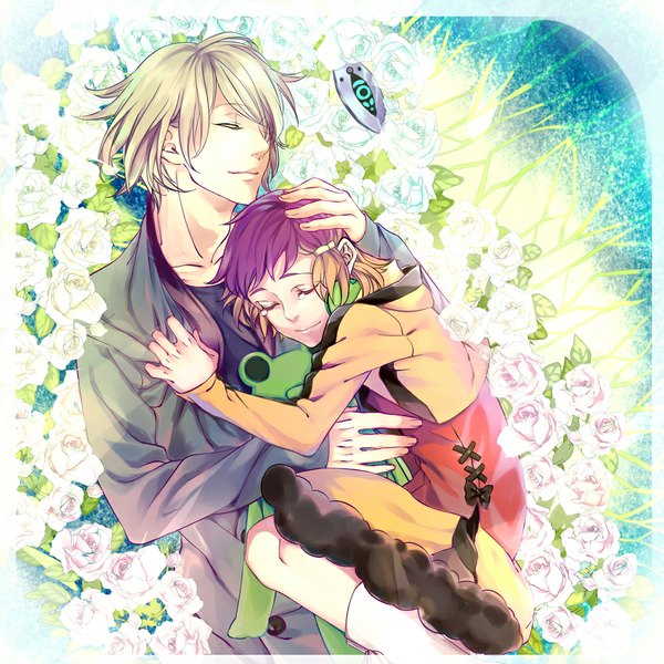 Anime picture 1000x1001 with aquarion (series) aquarion evol satelight jin musou yunoha thrul tall image short hair blonde hair smile purple hair lying eyes closed multicolored hair couple girl boy flower (flowers) rose (roses)