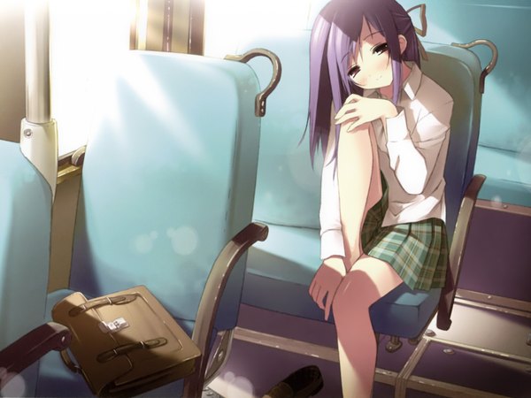 Anime picture 1920x1440 with single long hair highres smile purple eyes purple hair indoors girl uniform school uniform window school bag ground vehicle sun bus