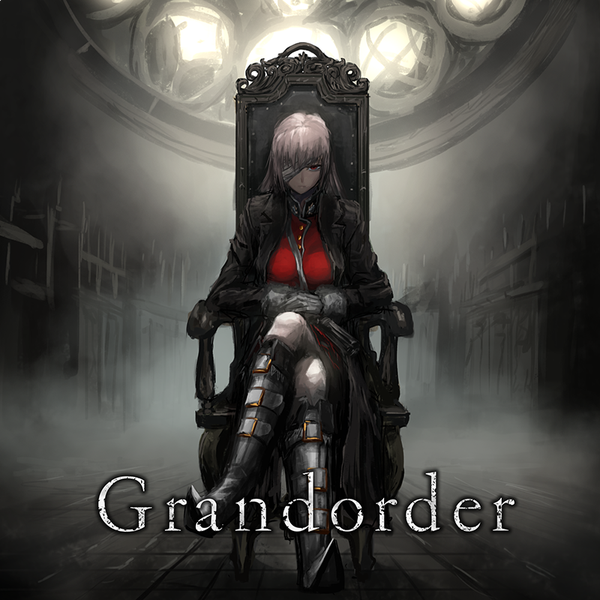 Anime picture 800x800 with fate (series) fate/grand order bloodborne bloodborne: the old hunters from software florence nightingale (fate) kanjou jouki (aldarsign) single long hair looking at viewer fringe red eyes pink hair full body long sleeves copyright name crossed legs bandage over one eye girl gloves