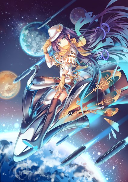 Anime picture 707x1000 with original instockee single long hair tall image looking at viewer fringe blue eyes riding girl gloves hat shorts boots scarf star (stars) thigh boots hat ribbon planet missile