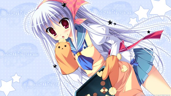 Anime picture 1920x1080 with prismrhythm (game) mizune gin sesena yau single long hair looking at viewer blush highres open mouth wide image white hair pink eyes girl uniform hair ornament school uniform star (symbol) apron star hair ornament cookie (cookies)