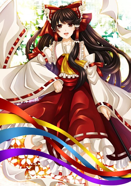 Anime picture 687x973 with touhou hakurei reimu akatuki taku (artist) single long hair tall image looking at viewer open mouth black hair red eyes traditional clothes japanese clothes miko girl skirt bow hair bow detached sleeves skirt set red skirt