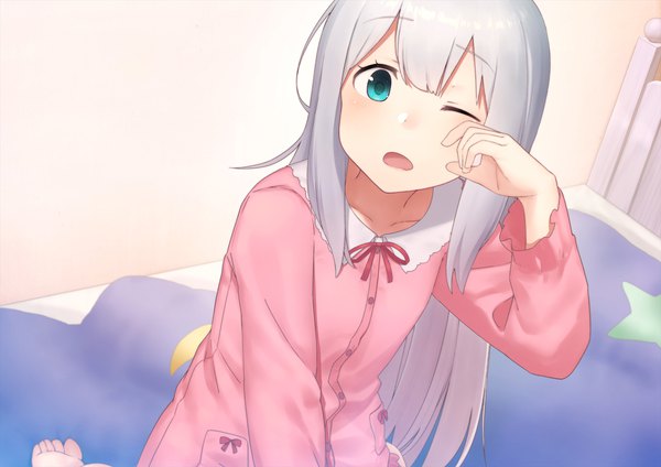 Anime picture 1920x1358 with eromanga sensei a-1 pictures izumi sagiri dacchi single blush highres open mouth blue eyes silver hair indoors one eye closed sleepy girl bow star (symbol) bed pajamas