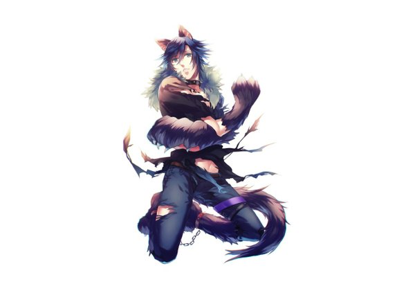 Anime picture 1300x945 with uta no prince-sama a-1 pictures ichinose tokiya tagme (artist) single looking at viewer short hair simple background white background animal ears blue hair tail animal tail grey eyes kneeling torn clothes wolf ears wolf tail werewolf boy