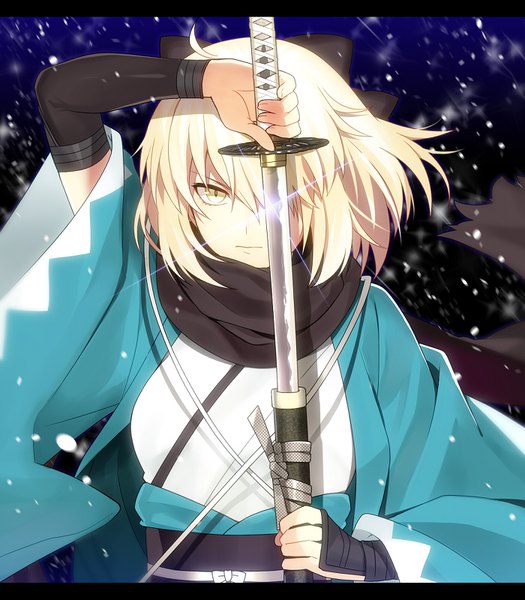 Anime picture 1400x1599 with fate (series) koha-ace okita souji (fate) (all) okita souji (koha-ace) sanae (satansanae) single tall image looking at viewer fringe short hair blonde hair hair between eyes holding yellow eyes sky upper body ahoge traditional clothes japanese clothes hair over one eye