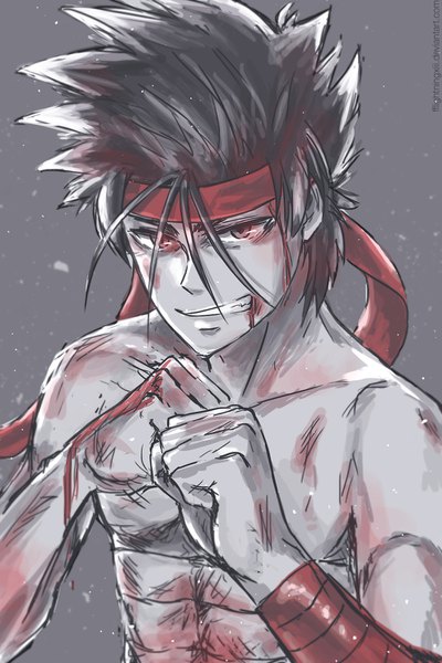 Anime picture 1000x1500 with rurouni kenshin sanosuke sagara lightning-strikes single tall image short hair black hair simple background smile red eyes signed looking away upper body ahoge grey background grin snowing topless fighting stance spiked hair