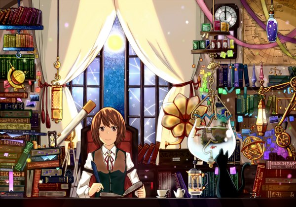 Anime picture 1500x1052 with original ido (teketeke) single short hair brown hair sitting holding brown eyes looking away light smile night steam girl animal water window book (books) moon cat feather (feathers)