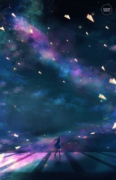 Anime picture 900x1390 with original sugarmints single long hair tall image signed blue hair full body wind from behind night night sky watermark walking milky way girl thighhighs dress black thighhighs star (stars)