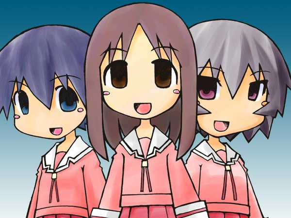 Anime picture 1024x768 with azumanga daioh j.c. staff kasuga ayumu takino tomo kagura (azumanga) blue eyes brown eyes pink eyes wallpaper girl uniform school uniform bonklers