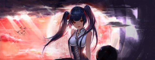 Anime picture 900x351 with original phonic single long hair looking at viewer open mouth red eyes wide image twintails bare shoulders sky purple hair cloud (clouds) wind sunlight lacing sunbeam girl ribbon (ribbons) hair ribbon