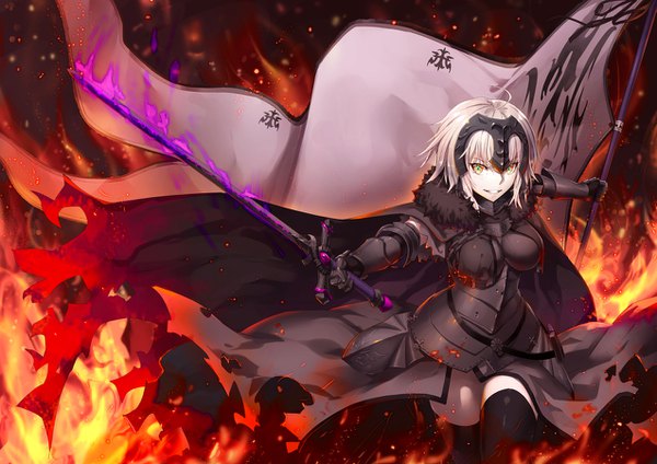 Anime picture 1273x900 with fate (series) fate/grand order fate/apocrypha jeanne d'arc (fate) (all) jeanne d'arc alter (fate) gabiran single fringe short hair breasts blonde hair smile large breasts holding yellow eyes looking away ahoge parted lips teeth fur trim