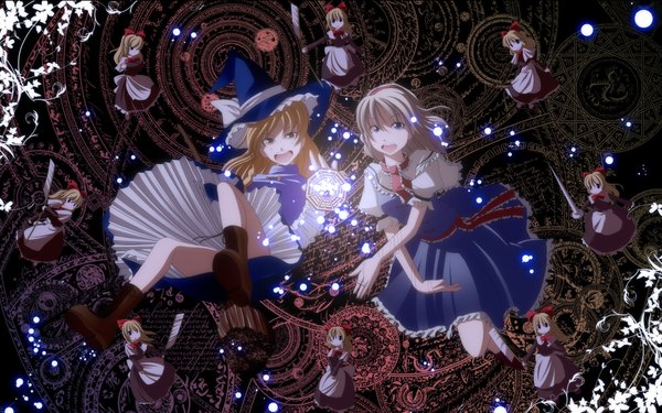 Anime picture 4300x2688 with touhou kirisame marisa alice margatroid shanghai s-syogo highres open mouth blue eyes blonde hair wide image multiple girls yellow eyes absurdres white hair magic witch girl dress weapon 2 girls