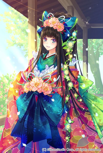 Anime picture 675x1000 with gyakushuu no fantasica nishiwaki yuuri single tall image looking at viewer blush fringe smile brown hair standing purple eyes signed sky blunt bangs long sleeves very long hair traditional clothes parted lips japanese clothes hair flower