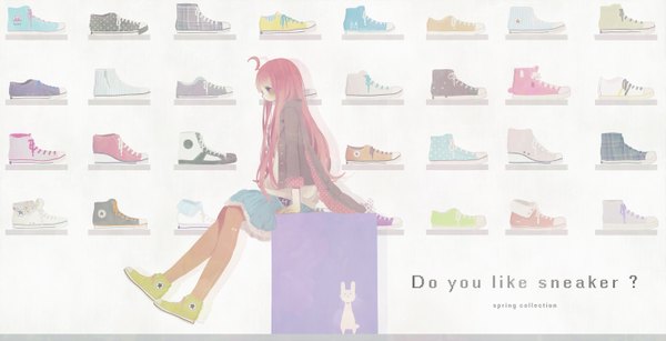 Anime picture 1481x758 with vocaloid converse miki (vocaloid) meisa single long hair wide image sitting pink hair full body ahoge pink eyes polka dot girl skirt animal pantyhose shoes jacket sneakers