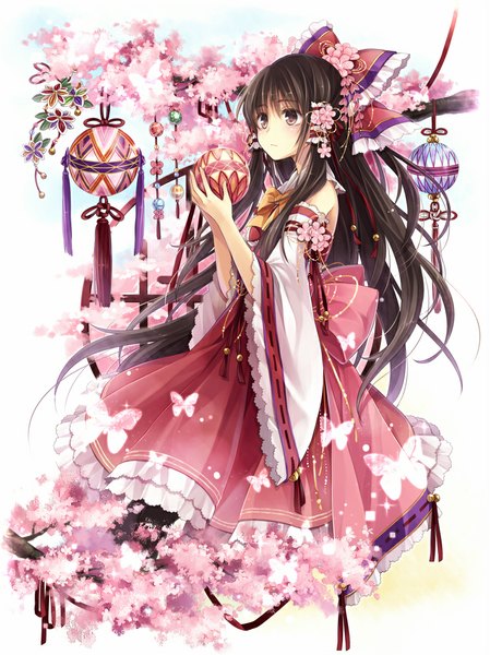 Anime picture 749x1000 with touhou hakurei reimu hagiwara rin single long hair tall image brown hair purple eyes bare shoulders traditional clothes japanese clothes cherry blossoms girl bow plant (plants) hair bow detached sleeves tree (trees) insect butterfly
