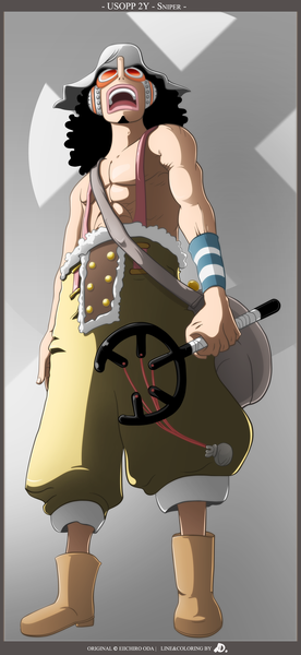 Anime picture 1886x4091 with one piece toei animation usopp ddsign single long hair tall image highres open mouth black hair coloring muscle framed afro boy hat
