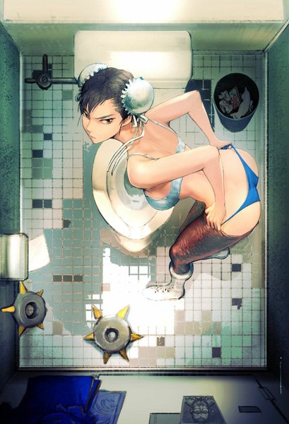 Anime picture 740x1085 with street fighter capcom chun-li woorona tall image looking at viewer light erotic black hair ass from above black eyes hair bun (hair buns) underwear only panty pull pantyhose pull exhibitionism girl underwear panties pantyhose