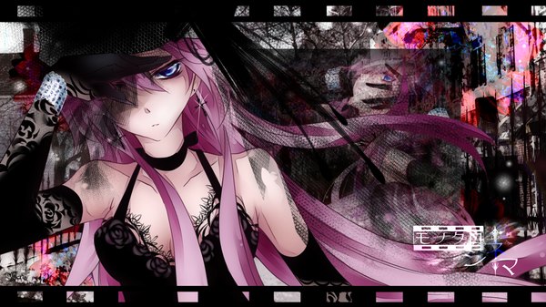 Anime picture 1300x731 with vocaloid megurine luka tyouya long hair fringe blue eyes wide image bare shoulders pink hair hair over one eye solo focus dual persona girl dress gloves hat earrings elbow gloves bracelet jewelry