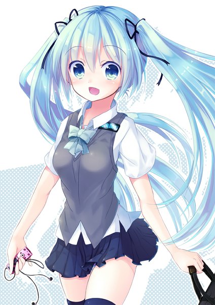 Anime picture 707x1000 with vocaloid hatsune miku yaki mayu single tall image looking at viewer blush fringe open mouth twintails holding blue hair purple hair very long hair pleated skirt aqua eyes happy polka dot girl thighhighs
