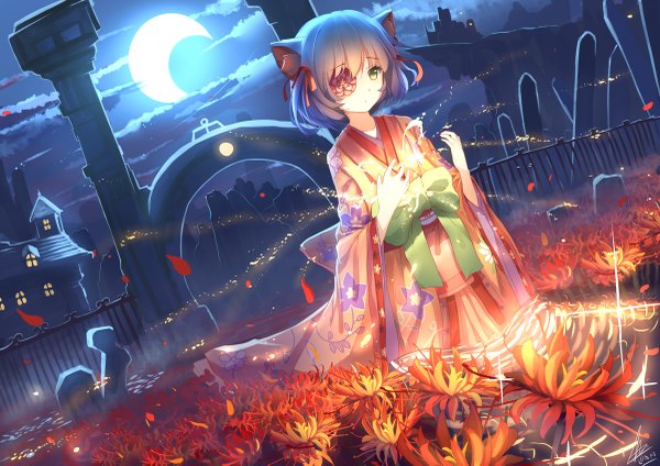 Anime picture 1200x849 with original riki-to single short hair animal ears yellow eyes sky cloud (clouds) white hair traditional clothes japanese clothes night magic girl flower (flowers) bow petals kimono moon eyepatch