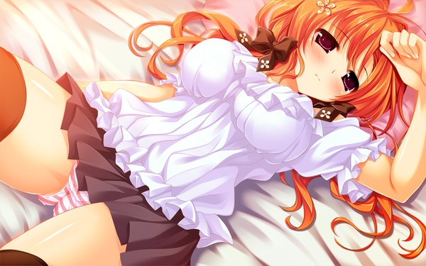 Anime picture 1024x640 with ore no kanojo no uraomote amahara miyabi long hair blush light erotic wide image purple eyes game cg red hair girl thighhighs skirt underwear panties bow black thighhighs hair bow miniskirt