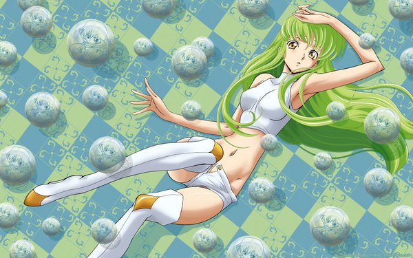 Anime picture 2000x1250 with code geass sunrise (studio) c.c. single long hair highres light erotic wide image yellow eyes green hair wallpaper girl thigh boots bubble (bubbles)