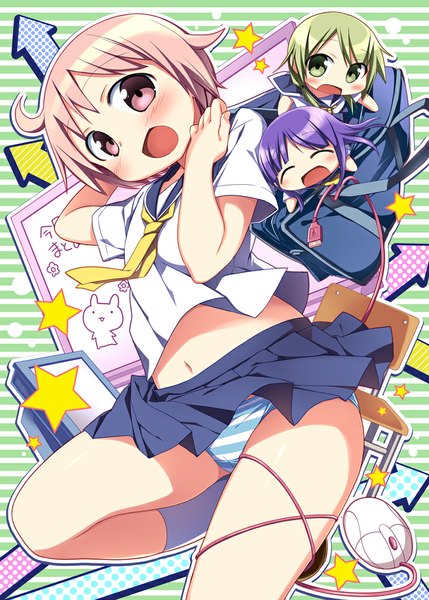 Anime picture 715x1000 with yuyushiki ichii yui nonohara yuzuko hinata yukari nagayama yuunon tall image blush short hair open mouth light erotic purple eyes pink hair chibi striped background girl underwear panties miniskirt serafuku directional arrow