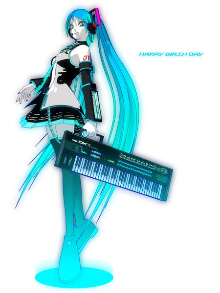 Anime picture 1125x1500 with vocaloid hatsune miku deino single tall image looking at viewer simple background white background full body very long hair nail polish aqua eyes aqua hair inscription looking down happy birthday girl thighhighs skirt black thighhighs