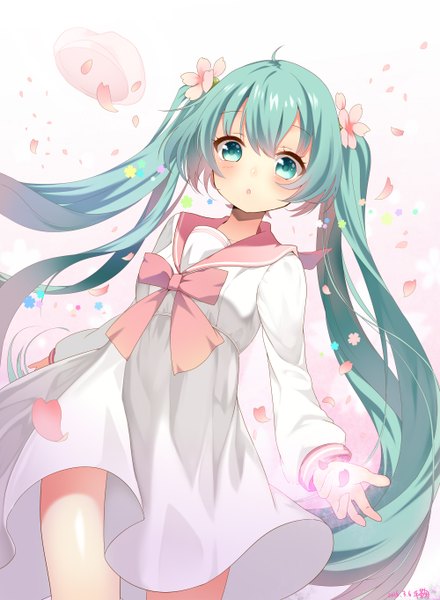 Anime picture 1000x1364 with vocaloid hatsune miku temari (deae) single tall image looking at viewer blush fringe twintails very long hair parted lips hair flower aqua eyes aqua hair :o dated spread arms hat removed cute girl