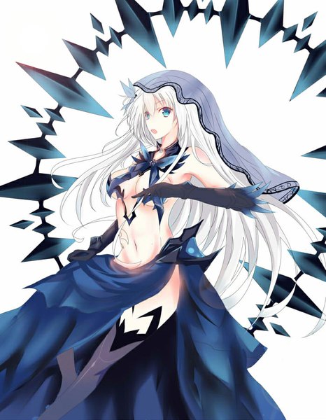 Anime picture 700x900 with date a live tagme (character) re:rin single long hair tall image looking at viewer fringe breasts open mouth blue eyes light erotic standing bare shoulders white hair bare belly girl thighhighs skirt gloves