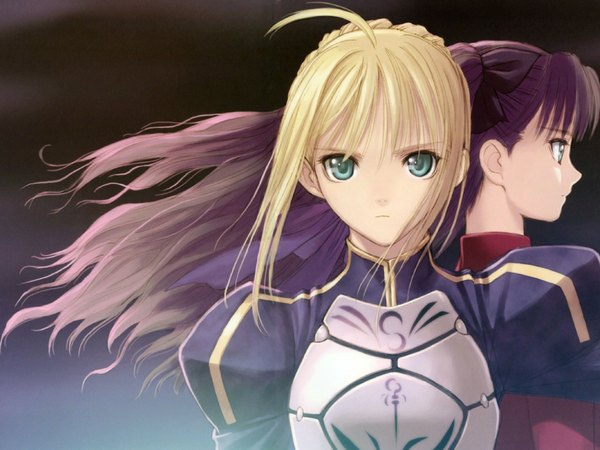 Anime picture 1024x768 with fate (series) fate/stay night studio deen type-moon artoria pendragon (all) saber toosaka rin tony taka long hair looking at viewer blue eyes black hair blonde hair brown hair multiple girls green eyes ahoge profile dark background girl