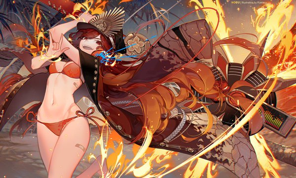 Anime picture 1055x638 with fate (series) fate/grand order oda nobunaga (fate) (all) oda nobunaga (swimsuit berserker) (fate) kawacy single looking at viewer fringe breasts open mouth light erotic red eyes wide image standing outdoors red hair very long hair clothes on shoulders mmm girl