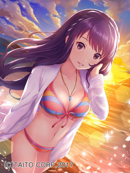 Anime picture 960x1280 with ilog lunacle single long hair tall image looking at viewer breasts light erotic smile purple eyes cleavage purple hair cloud (clouds) outdoors braid (braids) parted lips from above wind sunlight official art