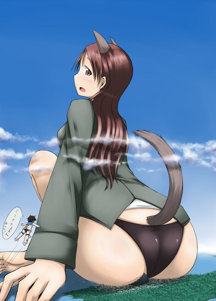 Anime picture 1350x1875 with strike witches miyafuji yoshika minna-dietlinde wilcke terada ochiko long hair tall image blush short hair open mouth light erotic black hair brown hair sitting multiple girls brown eyes animal ears sky cloud (clouds) ass city