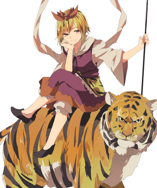 Anime picture 861x1027 with touhou toramaru shou hasebe yuusaku single tall image short hair simple background blonde hair smile hair between eyes white background sitting brown eyes looking away arm support crossed legs outstretched arm riding girl hair ornament