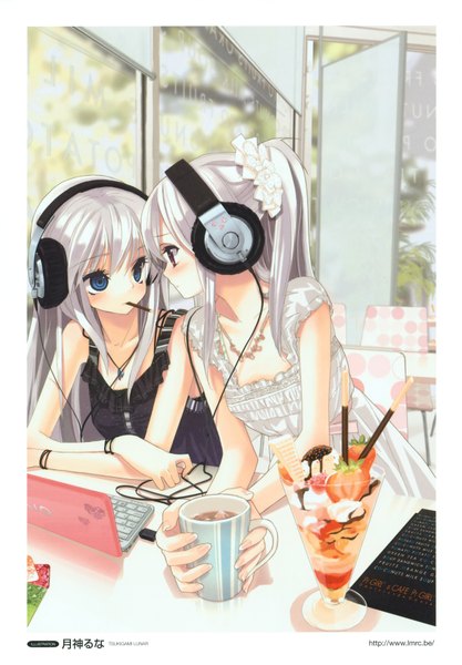 Anime picture 2447x3518 with original vaio headphone girls (artbook) tsukigami luna long hair tall image blush highres blue eyes red eyes multiple girls white hair ponytail sleeveless couple siblings twins restaurant girl dress