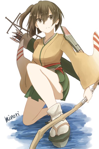 Anime picture 1084x1625 with kantai collection hiryuu aircraft carrier tsukamoto minori single tall image short hair simple background brown hair white background brown eyes signed looking away traditional clothes japanese clothes one side up fighting stance girl weapon bow (weapon) arrow (arrows)